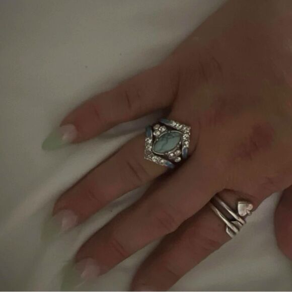 Western Bohemian Navajo Turquoise Wedding Engagement Ring Diamond Ring Set - Picture 10 of 12